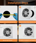 Installation steps for 6 Inch Exhaust Fan 382 CFM Wall Mounted Vent Fan, showing measurement, alignment, securing, and completion.