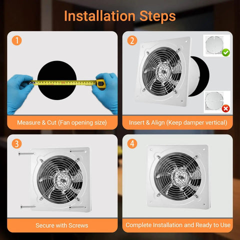 Installation steps for 6 Inch Exhaust Fan 382 CFM Wall Mounted Vent Fan, showing measurement, alignment, securing, and completion.