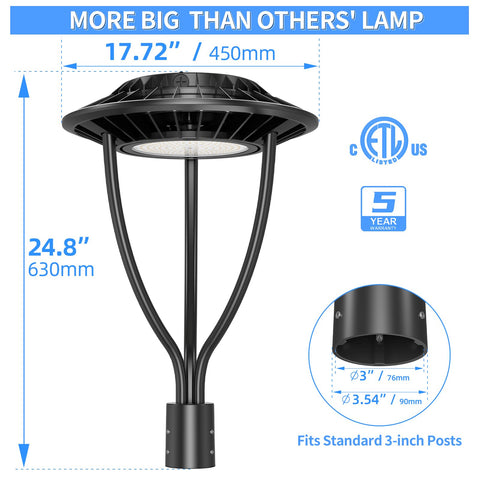 LED Post Light With Adjustable Wattage 60W 48W 36W ETL 5000K Photocell IP65 Outdoor Pole Lighting dimensions and features