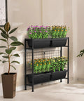 Raised Garden Bed With Legs, 32 Inch Elevated Planter Box For Veggies And Herbs, Includes Drainage Holes, Trellis, And Four Plastic Planting Stations, Great For Balcony Or Patio, Outdoor Black in a room with plants