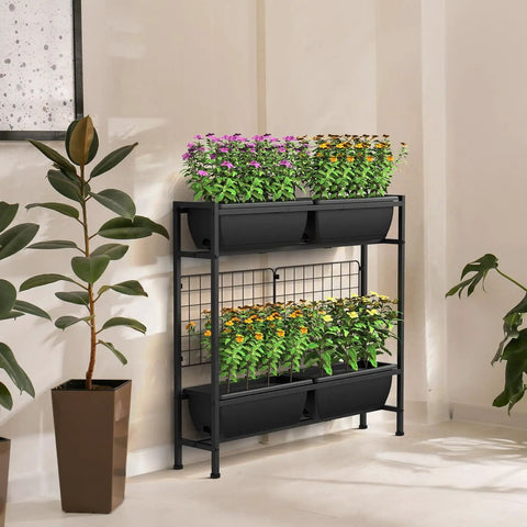Raised Garden Bed With Legs, 32 Inch Elevated Planter Box For Veggies And Herbs, Includes Drainage Holes, Trellis, And Four Plastic Planting Stations, Great For Balcony Or Patio, Outdoor Black in a room with plants