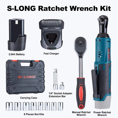 Cordless Electric Ratchet Wrench Kit Three Eighths Inch 400 RPM 12V Power Ratchet with accessories displayed
