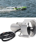 5T 3P Fully Sealed Underwater Thruster For RC Boat And ROV with CNC aluminum brushless shell, shown beneath high-speed RC boat.