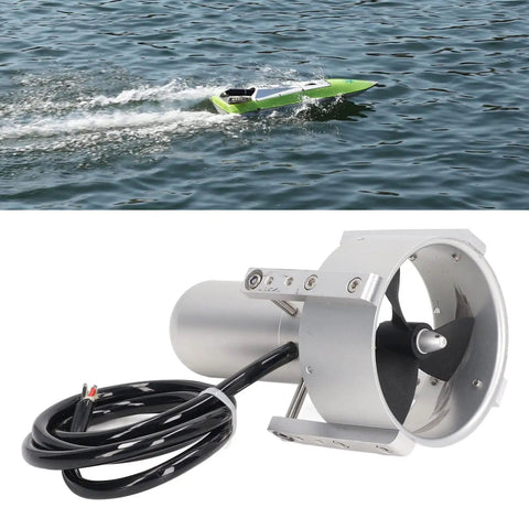 5T 3P Fully Sealed Underwater Thruster For RC Boat And ROV with CNC aluminum brushless shell, shown beneath high-speed RC boat.