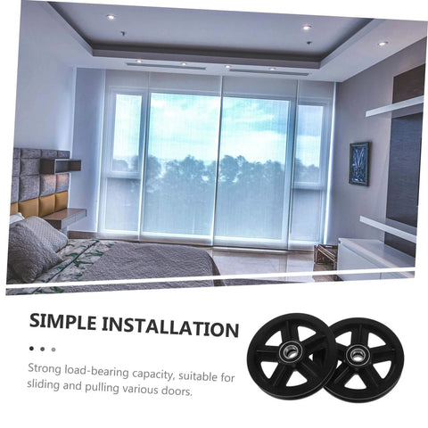 Pro Grade Heavy Duty Roller Guide Wheel Set for Sliding Doors and Barn Door Tracks, visible in stylish room with glass doors