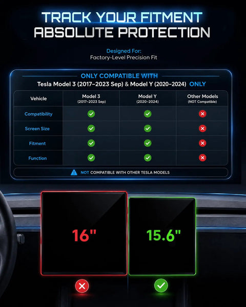 Compatibility chart for Top Shelf Matte Tempered Glass Screen Protector For 15.6 Inch Dashboard Display tailored for Tesla Model 3 and Y.