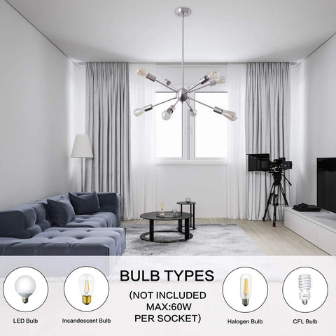 23.6 Inch Sputnik Chandelier With Brushed Nickel 8 Light Ceiling Fixture Adjustable Height Hanging Light in living room setting