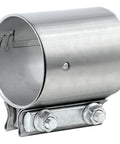 Close-up of Beefy 2.75 Inch Exhaust Clamp Butt Joint Band Clamp Sleeve Coupler in 304 Stainless Steel, side view