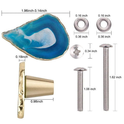 Four Piece Real Deal Agate Drawer Knobs With Gilded Brass Finish And Install Screws, showing dimensions and materials.
