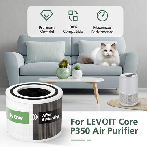 P350 Pet Care Replacement Filter 3 In 1 Activated Carbon For Pet Dander And Odors Compatible With LEVOIT P350 300 Air Purifier Part P350 RF 2 Pack Includes Easy Snap Installation with cat on sofa
