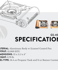 Specifications of Dual Fuel Portable Gas Stove With Carrying Case, aluminum body, 12,000 BTU, supports propane or butane.