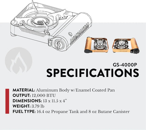 Specifications of Dual Fuel Portable Gas Stove With Carrying Case, aluminum body, 12,000 BTU, supports propane or butane.