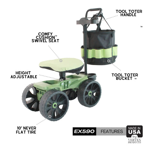 Wheelie Utility Cart With Tool Toter Handle And Bucket Holder And Comfort Cushion Premium Rolling Tool Organizer For Yard Work And Garden Made In USA Model EX590