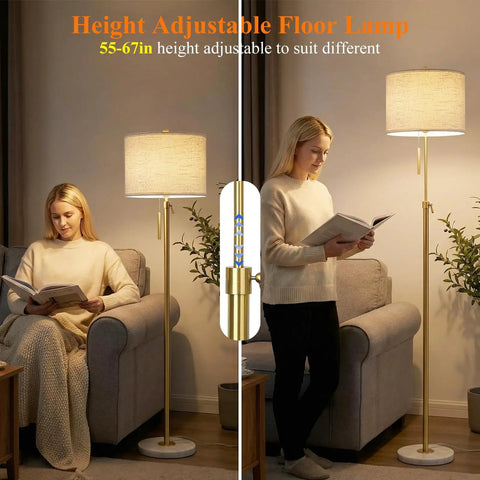 Gold Floor Lamp For Living Room 55-67 Inch Tall Height Adjustable Modern Standing Lamp With 3-Way Dimming Space Saving Marble Base And Sturdy Anti Tip Design For A Boss Vibe In Bedroom Office Reading Nook Home Decor Housewarming Gift in a cozy living room setting, showing adjustable height and marble base.