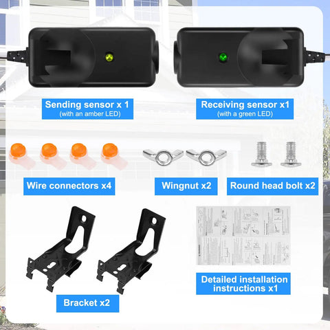 Easy Install Garage Door Safety Sensor Beams Kit With Brackets Replacement For Obstruction Detection Fits 41A5034 801CBP Compatible With LiftMaster Sears Chamberlain Craftsman Linear Openers shown with components