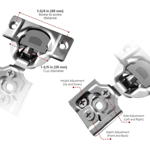 Close-up of Soft Closing 3/8 Inch Overlay Face Frame Cabinet Hinges, 105 Degree, 6-Way 3-Cam Adjustable Concealed Kitchen Door Hinges