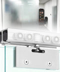 Beefed Up Glass Sliding Door Hardware Kit With Heavy Duty Aluminum Track And Roller System For Interior Bypass Barn Doors In Offices Or Bathrooms, 11 Feet Long, Fits 8 To 12mm Glass, Smooth Quiet Operation And Easy Height Adjustment installed view