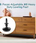 Heavy Duty Adjustable Furniture Leveling Feet, Dang Solid M8 Leg Risers With 4 Prong T Nut, close-up of riser next to cabinet.