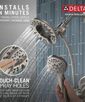 4-Setting In2ition 2-In-1 Dual Shower Head With Handheld Spray, Brushed Nickel Detachable Head With Hose, 1.75 GPM Flow, Stainless 58499-SS, Boss Level Shower Vibe For Any Bathroom in action, water flowing from both heads, close-up of touch-clean spray holes.