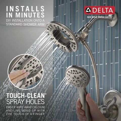4-Setting In2ition 2-In-1 Dual Shower Head With Handheld Spray, Brushed Nickel Detachable Head With Hose, 1.75 GPM Flow, Stainless 58499-SS, Boss Level Shower Vibe For Any Bathroom in action, water flowing from both heads, close-up of touch-clean spray holes.