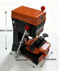 Beast Key Duplicator For Dimple Cylindrical Wave And Ball Keys With Drill and Cutter, compact orange machine, dimensions shown