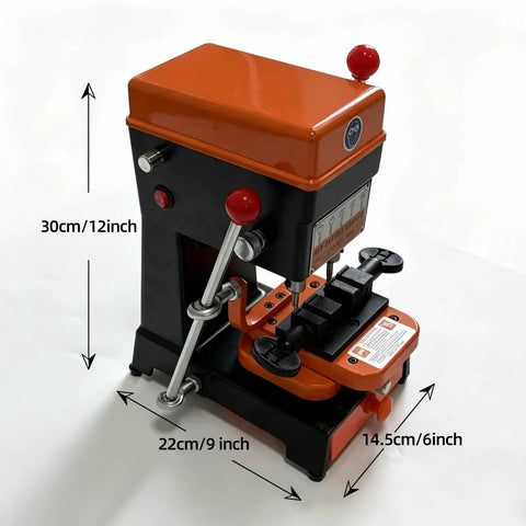 Beast Key Duplicator For Dimple Cylindrical Wave And Ball Keys With Drill and Cutter, compact orange machine, dimensions shown