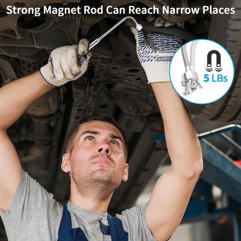Mechanic using Flexible Magnetic Pickup Tool Set 5 Lb with 23.6 inch bendable extension under car