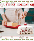 Festive Christmas Butter Dish With Tight Sealing Lid, Solid Ceramic Gnome Keeper For Kitchen Countertops in use on table.