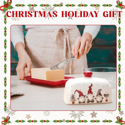 Festive Christmas Butter Dish With Tight Sealing Lid, Solid Ceramic Gnome Keeper For Kitchen Countertops in use on table.