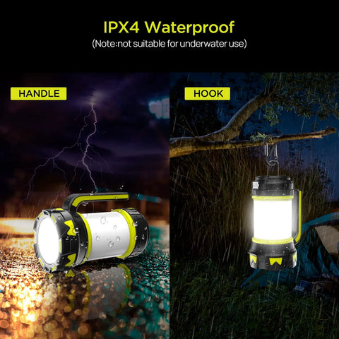 Rechargeable Camping Lantern And Flashlight With 6 Modes, 3000mAh Battery, IPX4 Waterproof, USB Cable Included, lighting in rain