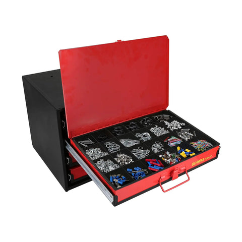 Heavy Duty Four Drawer Hardware Organizer With 2500 Piece Small Parts Kit Steel Cabinet With Removable Inside Trays Black And Red