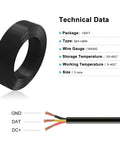 Close-up of 18 AWG 3 Conductor Extension Wire 100ft Copper Grounded RVV Cord Black with technical data and wire detail view.