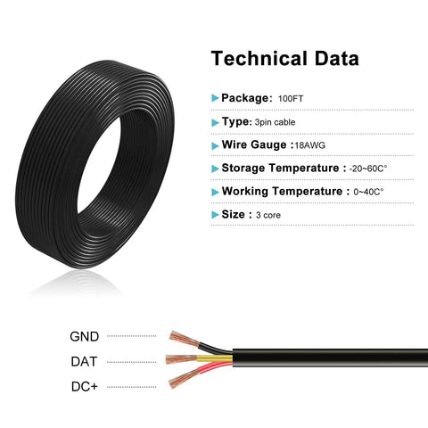 Close-up of 18 AWG 3 Conductor Extension Wire 100ft Copper Grounded RVV Cord Black with technical data and wire detail view.