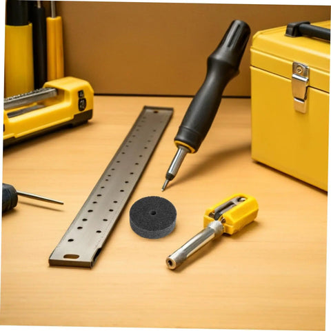 Six Pack Nylon Polishing Wheel 75Mm With 10Mm Hole Fits Bench Grinder For Fast Metal And Furniture Buffing To Get That Slick Shine beside a screwdriver and ruler.