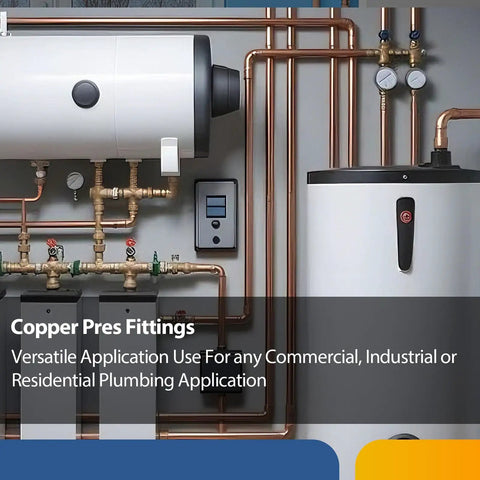 Heavy Duty Copper Press Coupling No Stop 50 Pack 4X3 Through Flow Pipe Connector installed in a plumbing setup.