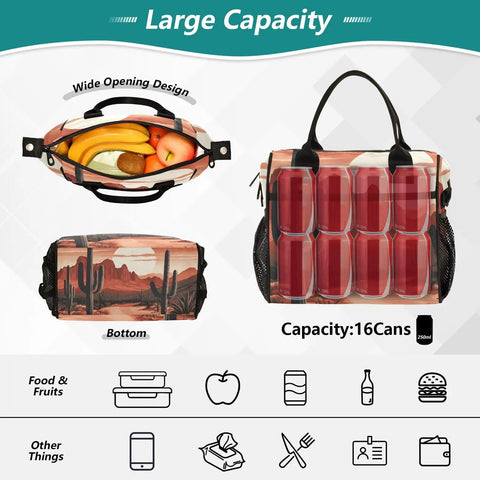 Desert Landscape Cactus Insulated Lunch Bag For Women, Leakproof Portable Cooler Tote, Size M, interior view with fruit