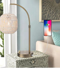 Tall Industrial Gold Rattan Bedside Table Lamp With USB Charge Port, white woven rattan shade on a decorative nightstand