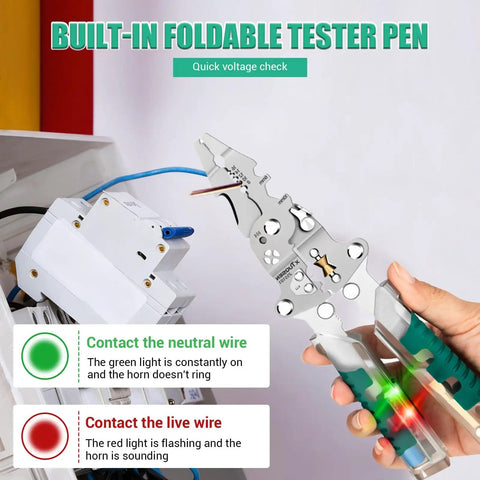 18 In 1 Foldable Wire Stripper And Multi Tool Pliers For Electricians testing voltage with foldable tester pen