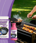 Person grilling next to Fast Acting Heavy Duty Grill Degreaser Spray for BBQ Grills, Professional Grade Stain Remover, 2 Pack.