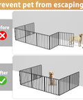 Before and after images showing Top Shelf White Fence To Wall Anchor Kit For Tight Dog Playpen Sets in use with dogs.