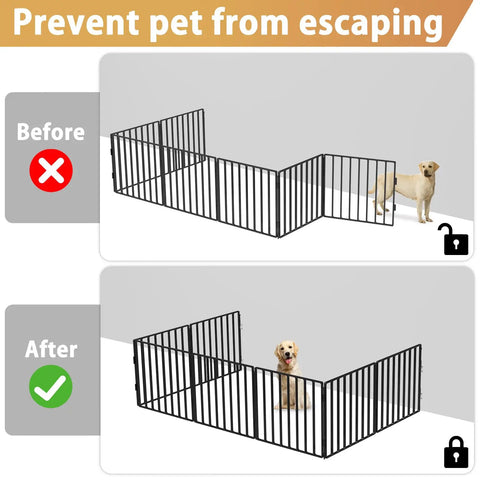 Before and after images showing Top Shelf White Fence To Wall Anchor Kit For Tight Dog Playpen Sets in use with dogs.