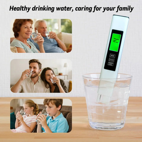 4 In 1 Water Quality Tester With TDS Meter, EC Meter And Temperature Probe in a glass of water, family drinking water