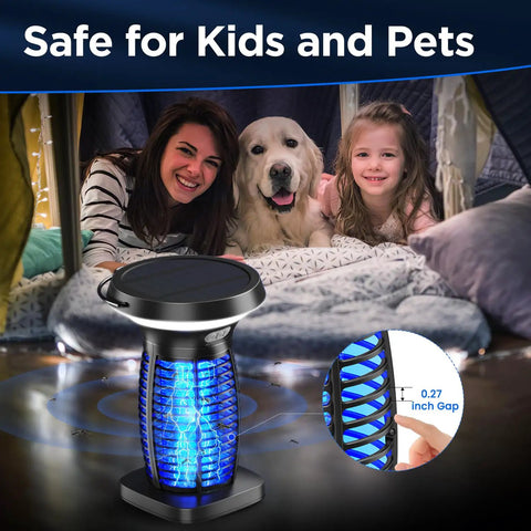Outdoor Waterproof Solar Powered Bug Zapper Portable And No Fuss Rechargeable With Panel Sensor And LED Night Light Mosquito Electric Fly Zapper for home, displayed in a family tent setting.