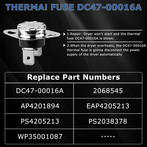 Upgraded 5300W 240V Dryer Heating Element DC47 00019A thermal fuse DC47-00016A part list and usage guide