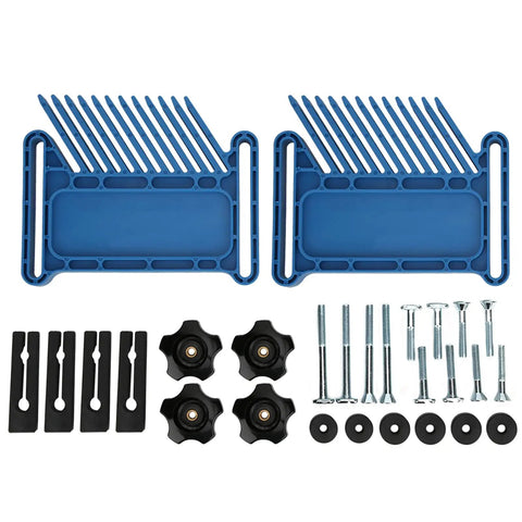 Heavy Duty Two Piece Table Saw Featherboard Set Woodworking Kickback Guard with clamps and accessories in blue plastic and metal.