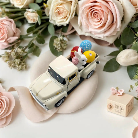 Vintage Easter Farmhouse Mini Diecast Metal Pickup Truck Decor With Eggs And Bunny For Tiered Tray Tabletop White Finish Gift