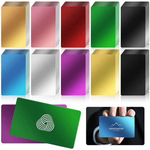 Colorful Aluminum Metal Business Card Blanks Pack Of 200 For Laser Engraving And DIY Cards shown in multiple vibrant colors.