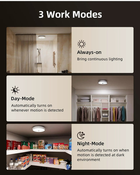 Hassle Free Plug and Play Motion Sensor Ceiling Light 2 Pack 400 Lumens Super Bright Tri Color Dimming Wireless Flush Mount With Sleek Remote Zero Drilling Quick Snap Setup For Closets