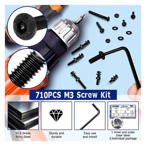 DIYer Friendly 710 Piece M3 Screws Assortment Kit With 8 Lengths 6 8 10 12 16 20 25 30 Mm, black pan head screws with hex key
