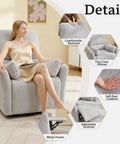 Woman sitting on Power Swivel Rocker Recliner Glider Chair For Adults With USB Type C Ports Large Suede Gray Electric Reclining Chair For Living Room Or Bedroom Cozy Comfort 270 Degree Swivel And Plush Cushions With Two Pillows in living room.